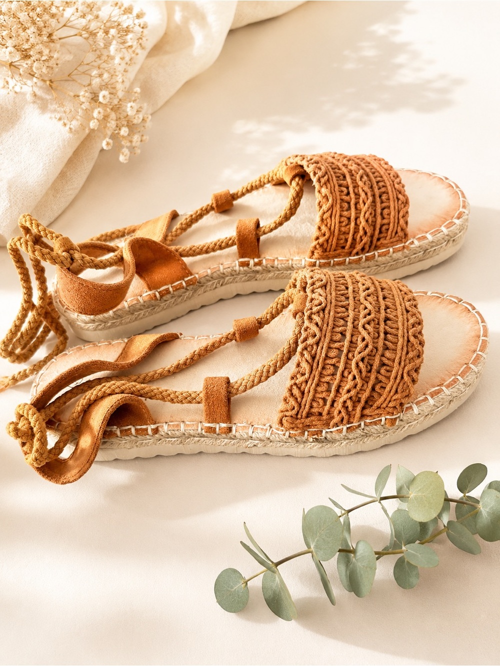 Handwoven Tan Espadrille Sandals with Lace-Up Ankle Ties